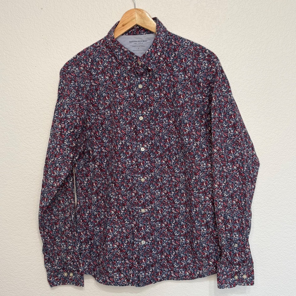 Banana Republic Luxe Poplin Shirt Mens Large Untucked Slim Fit Floral Red Blue